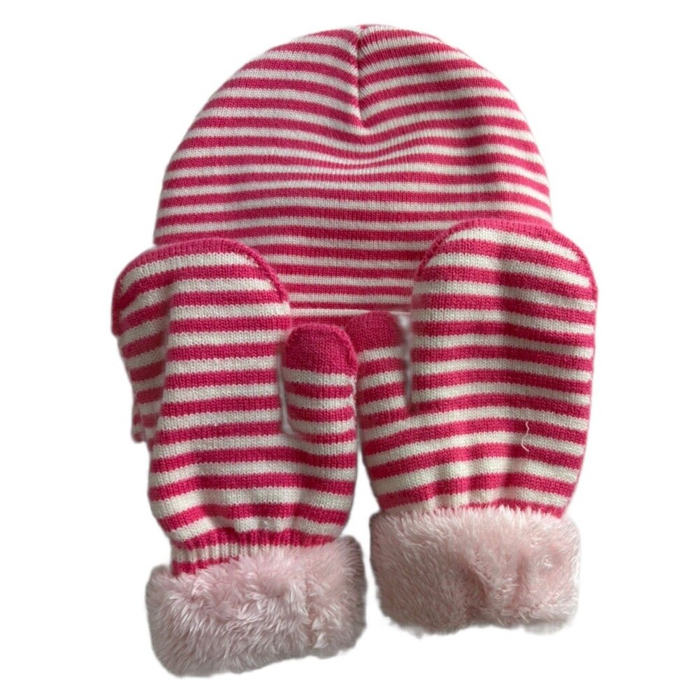 Hat And Mittens Baby Pink Striped